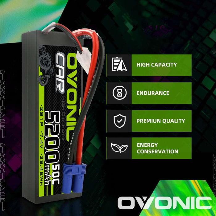 Ovonic 2S 5200mAh 50C 7.4V Hardcase LiPo Battery for 1/10 ARRMA Car- EC5 Plug