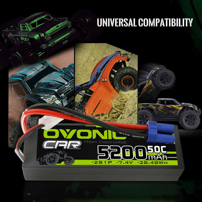 Ovonic 2S 5200mAh 50C 7.4V Hardcase LiPo Battery for 1/10 ARRMA Car- EC5 Plug