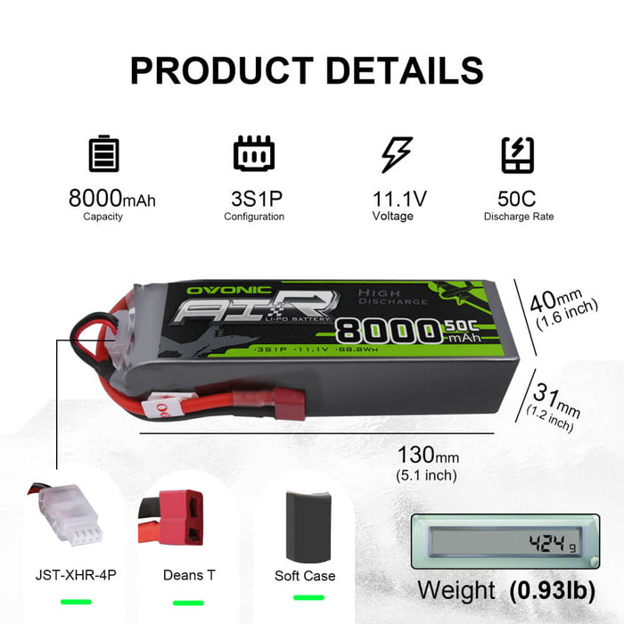 OVONIC 50C 3S 11.1V 8000mAh LiPo Batteries with Deans Plug for 1/10 Size RC Car - Ovonicshop