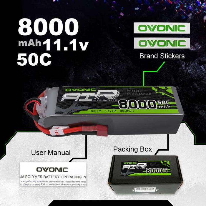 OVONIC 50C 3S 11.1V 8000mAh LiPo Batteries with Deans Plug for 1/10 Size RC Car