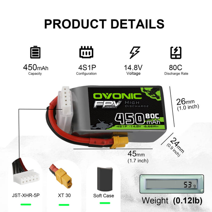 4pcs] Ovonic 450mah 4S 80C XT30 14.8V Lipo Battery Pack for