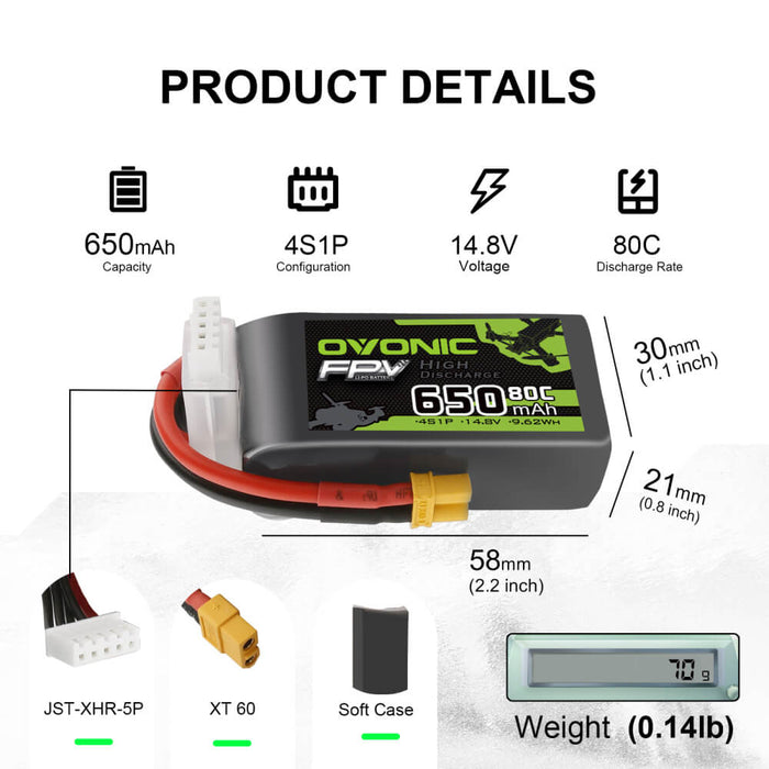 Ovonic 14.8V 80C 650mah 4S Lipo Battery Pack with XT30 Plug for FPV 90-150mm - Ovonicshop