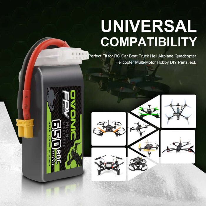Ovonic 14.8V 80C 650mah 4S Lipo Battery Pack with XT30 Plug for FPV 90-150mm